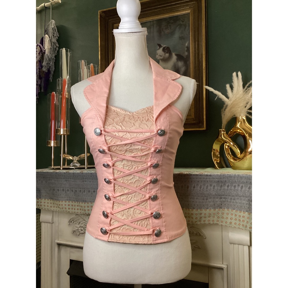 Oh Yes Peach Lace Up Corset Halter Top Silver Buttons Steampunk D-6634 Womens S